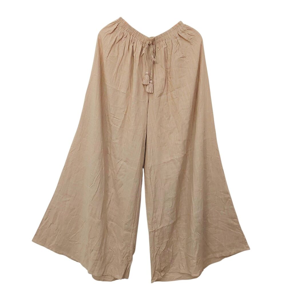 Aakaa Wide Leg Pants Womens Small Beige Rayon Linen Relaxed fit Bohemian Lounge